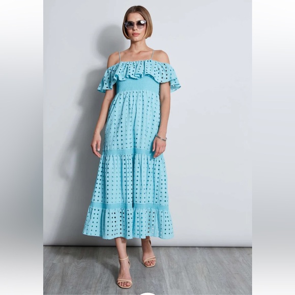 T Tahari Eyelet Midi Dress Blue Off-Shoulder Smocked Bodice Tiered NWT Sz XS - Picture 13 of 15
